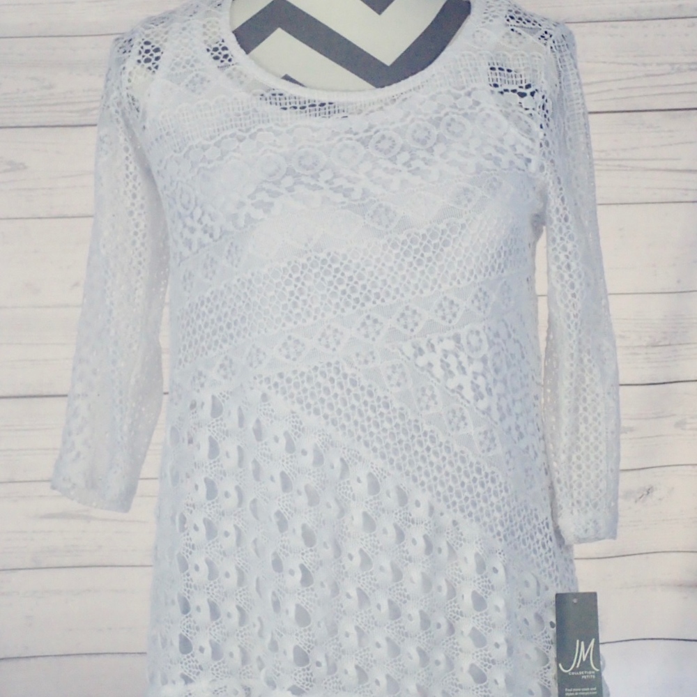 JM Collection PM White Crochet To  3/4 Sleeve